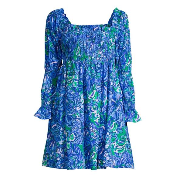 Lilly Pulitzer Smocked Mini Dress Blue Green - Picture 2 of 14